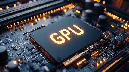 A high-performance GPU (Graphics Processing Unit) chip with intricate circuitry on a green motherboard