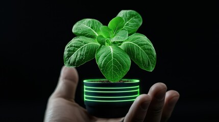 Eco-Friendly Vision: A hand tenderly cradles a vibrant green plant in a modern, illuminated pot, against a dark backdrop, symbolizes growth, sustainability, and the fusion of technology with nature.