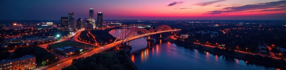 Naklejka premium Aerial view, Fort Wayne's illuminated downtown at twilight Bridges glow brightly , view, lights, indiana