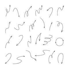 A hand-drawn set of arrow icons, isolated on a white background, black and white graphic vector illustration. Decorative design element, spiral direction indicator, traffic sign. Drawing with a line