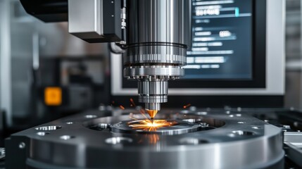Fototapeta premium A cutting-edge laser cutting machine performing intricate work on metal, with sparks flying, symbolizing advanced industrial technology and precision engineering.. AI Generation