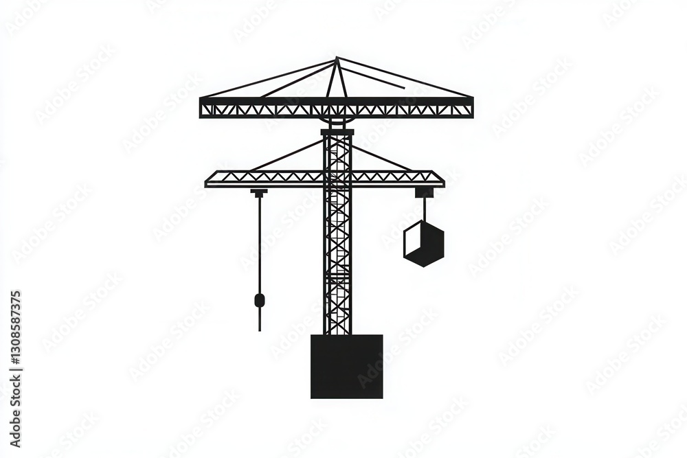 Poster modern minimalist construction logo with tower crane lifting a block and emphasizing negative space 