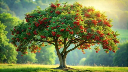 Naklejka premium A Lush Green Tree Abundantly Bearing Clusters of Vibrant Red Berries in a Serene Meadow Landscape