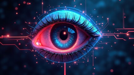 Cybernetic eye graphics, Neon-lit cybernetic eye with glowing circuits holographic interfaces and intricate textures in a digital void.