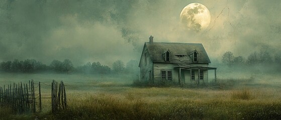 Moonlit Foggy Field, Abandoned Farmhouse