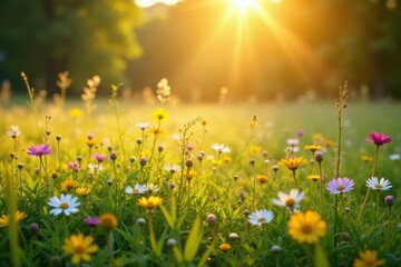Golden sunlight bathes a meadow bursting with wildflowers , blooming, idyllic, sunny