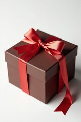 Fototapeta premium Luxury chocolate gift box, adorned with a silk ribbon, pure white backdrop, birthday, celebration, elegant