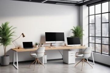 Fototapeta premium Modern office interior with workstation and pc, laptop in a spacious room with blank wall for mockup