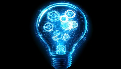 Glowing lightbulb with gears inside.