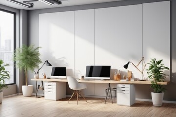 Modern office interior with workstation and pc, laptop in a spacious room with blank wall for mockup