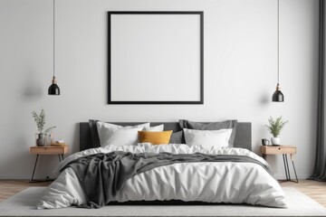 Modern bedroom interior with white bed and stylish white blank frame on the wall for mockup