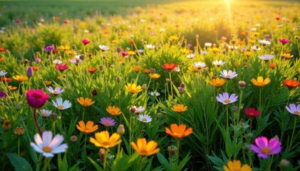 Vibrant wildflowers carpet sun-drenched meadow Aerial view , flora, spring, countryside