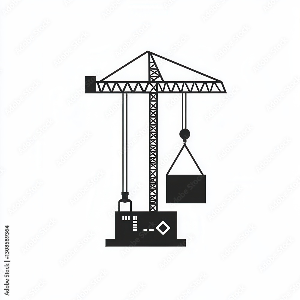 Poster minimalist logo design featuring a silhouette of a tower crane lifting a block in modern line art st