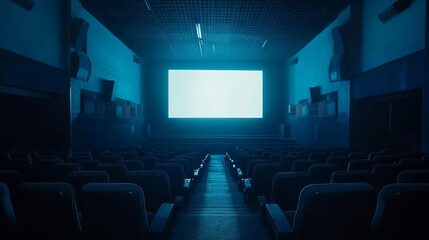 Fototapeta premium An empty cinema hall with dark blue lighting, illuminated by the screen in front of it