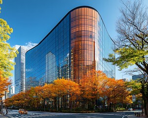 Modern glass office building, autumn, city street, Japan