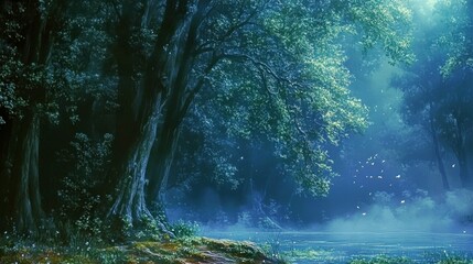 Obraz premium Mystical forest with ethereal tranquility invites. Serene wilderness enchants with peaceful foliage and mysterious atmosphere. Enchanted forest environment, ideal for serene landscapes and fantasy