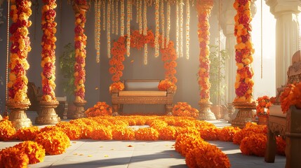 Indian Wedding Mandap Floral Decorations Festive Orange Yellow 3d gold asia asia rich room event    
