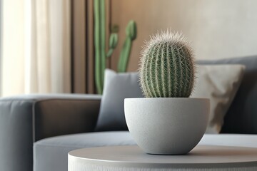 A cozy living room corner featuring a potted Mammillaria Geminispina cactus on a side table, complementing the modern decor.