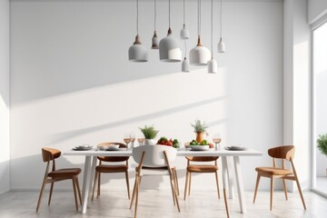 Modern dining room with empty wall for mockup, wooden dining table and chairs in a well-decorated home interior