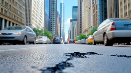 Obraz premium Cracked city street, blurred cars and skyscrapers, ground level view of urban decay, infrastructure problems on roadway.