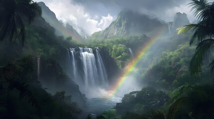 Fototapeta premium Vibrant rainbow over misty waterfall in lush jungle wallpaper background nature scene serene environment