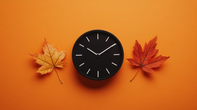 Minimalistic composition of a black wall clock surrounded by two vibrant autumn leaves on a bright orange background, representing fall themes and time concepts.. AI Generation