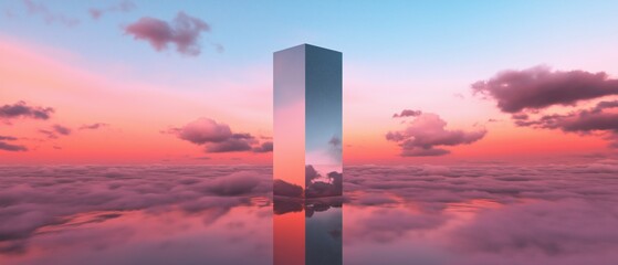 Digital illustration of a tall skyscraper standing in the middle of a vast sky filled with clouds. the sky is a gradient of pink, orange, and blue, with the sun setting in the background.