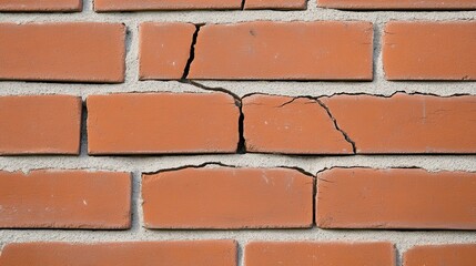 Obraz premium Close-up of a cracked brick wall, showing signs of structural damage, with visible cracks in the mortar and bricks.