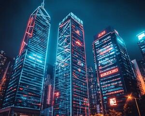 Obraz premium Neon-lit skyscrapers at night, city skyline