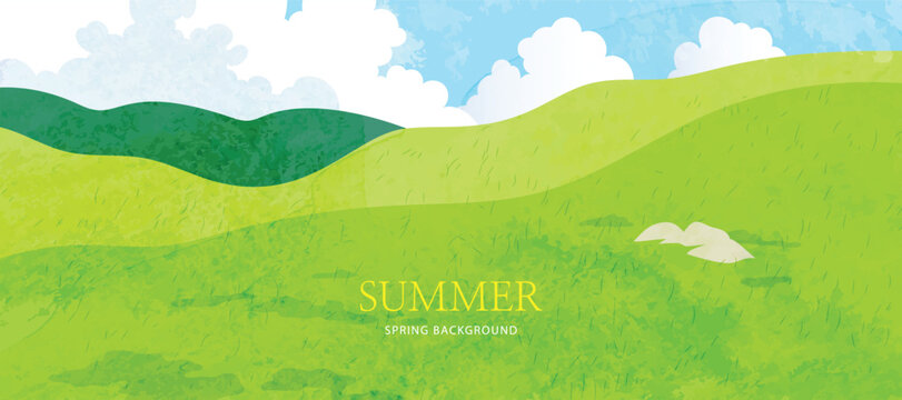 Abstract Green Summer landscape background vector. Nature wallpaper of green field on mountain, flower, blue sky. Watercolor illustration for cover, banner, wall art, decoration.