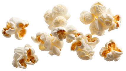 Fototapeta premium Fresh and delicious popcorn floating or falling in mid-air isolated on white background. Suitable for marketing or business purposes. PNG file