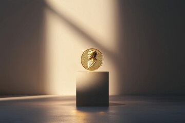 A golden Nobel Prize medal is displayed on a stone pedestal with soft lighting, symbolizing excellence and honor in a minimalistic setting.