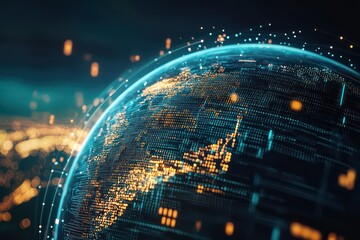 A creative 3D visual of Earth with digital binary code and lines, emphasizing Europe's role in global business, cryptocurrency, and data processing.