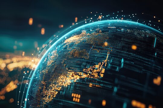 A creative 3D visual of Earth with digital binary code and lines, emphasizing Europe's role in global business, cryptocurrency, and data processing.