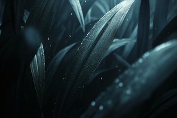 Enigmatic foliage in serene twilight, glistening with morning dew drops