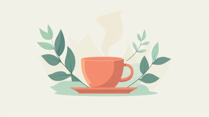 Cozy and Warm Cup of Tea Surrounded by Fresh Green Leaves and Minimalistic Design for Relaxation and Comfort in a Stylish Environment