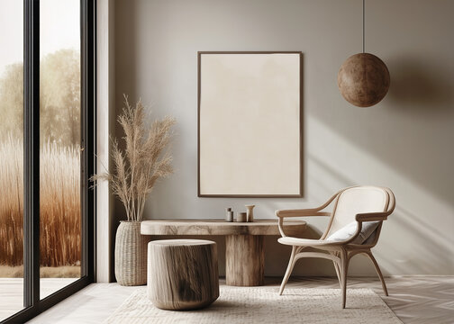 Int&eacute;rieur minimaliste et naturel avec une affiche vierge encadr&eacute;e sur un mur beige. Mobilier en bois, fauteuil en rotin et d&eacute;coration en fibres naturelles cr&eacute;ent une ambiance chaleureuse et apaisante.