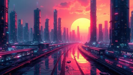 Cybernetic urban landscapes, Radiant cybernetic cityscape featuring neon-lit structures holograms and glowing wires amid sunset.