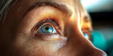 Woman with blue eyes is looking at the camera. Concept of curiosity and interest as the woman's gaze is directed towards the viewer