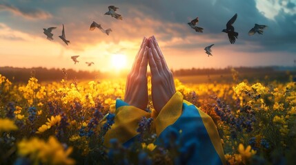 Hands joined in prayer adorned with a flag, set against a breathtaking sunset over a blooming yellow field. Birds soar in the sky, adding depth to the serene landscape.. AI Generation
