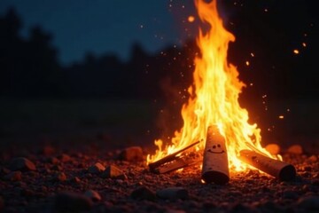 Smiling face illuminated by bonfire flames at night, bonfire, cozy, dark