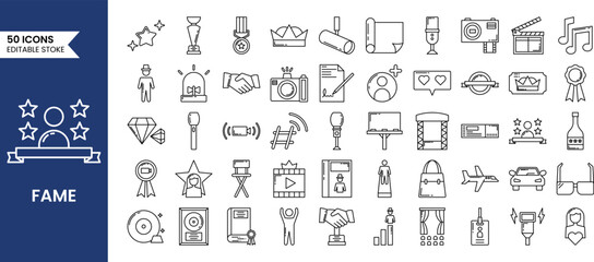 Fame icon set in line style. Popular, famous, star, singer, actor, actress and more. Vector illustration