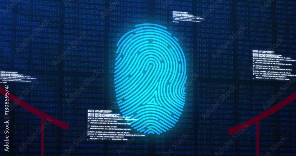 Poster image of biometric fingerprint scan over processing data on dark interface screen