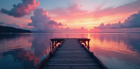 Fototapeta premium Wooden pier extends over serene dusk water, clouds reflected , sunrise, serenity