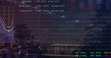 Image of financial data processing over landscape