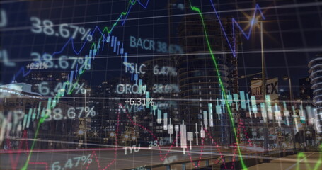 Image of financial data processing over cityscape