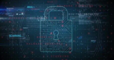 Image of cybercrime, digital security text and padlock network over processing data on black
