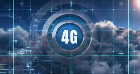 Naklejka premium Image of grid and data over 4g text and cloudy sunset sky