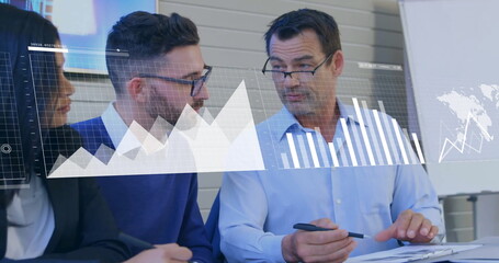 Image of financial data processing over diverse business people in office