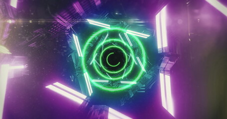 Image of green neon circular scanner processing over spinning lights